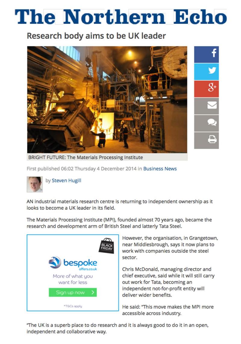 Materials Processing Institute in the Press